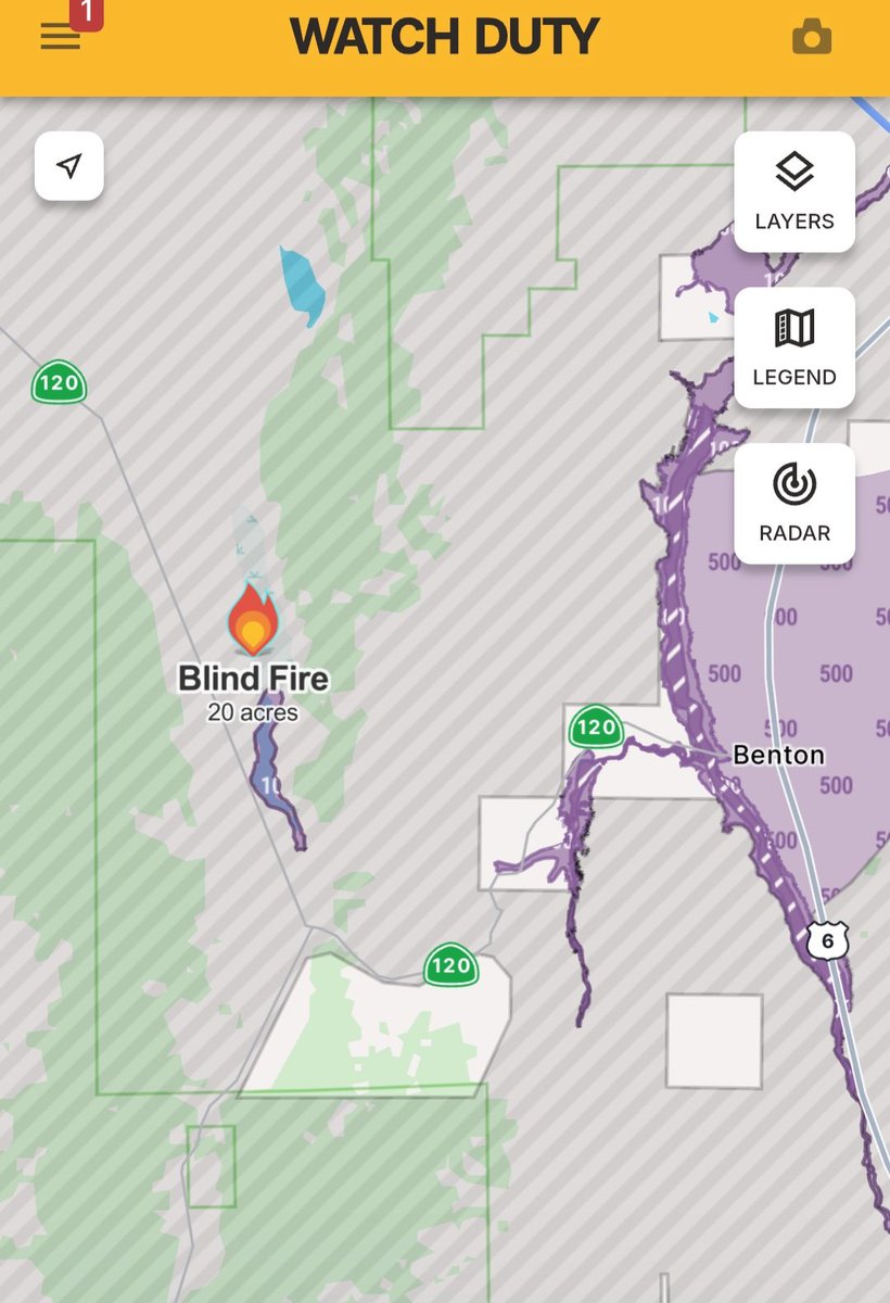 sierrawave's tweet photo. #BlindFire

Sep 26 at 3:56 PM
Two additional type-1 restricted helicopters (for a total of four helicopters) and two additional type-3 air tankers (for a total of four air tankers) have been requested, per Air Attack.

Sep 26 at 3:40 PM
The fire is 20 acres burning in grass and brush at a moderate rate of spread. No structures are threatened and there is potential for 500 acres, per Air Attack.

Sep 26 at 3:14 PM
The fire is 5-6 acres, moving northeast and pushing into moderate fuels with potential for several hundred acres, per arriving unit

Miranda Schwegler
Regional Captain
Watch Duty App