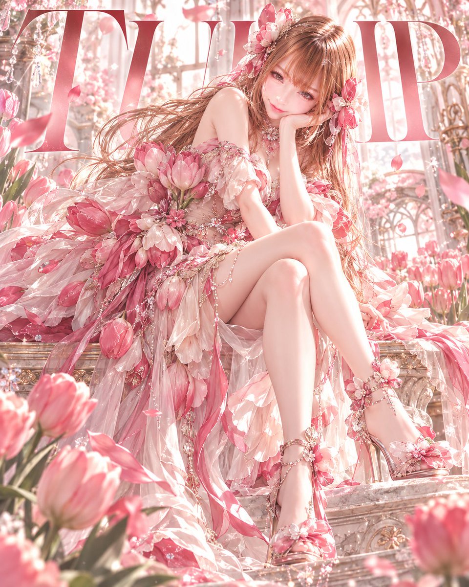 jilllu_nft's tweet photo. ナツさんの配布プロンプトを使って、
白亜ちゃんとジルルで作成してみました🌸

「この人物を一輪の花で表現したら？」という発想から、その花をドレス・背景・タイポグラフィまで一つの世界観へ展開していくプロンプト。

白亜ちゃんは ANEMONE、
ジルルは TULIP になりました✨
同じプロンプトなのに、完成した2枚の方向性が全然違うのが面白い！

白亜ちゃんは、アネモネの赤・白・深い色のコントラストや黒い花芯まで衣装へ取り込まれて、普段より少し大人っぽくドラマティックな雰囲気に。

一方のジルルは、チューリップの丸く柔らかな花びらがドレス全体へ広がって、ピンクと白、柔らかな光に包まれた優しい世界観になりました🌷

実際に使ってみて特に面白かったのが、
花を「飾り」として使うのではなく、デザインの起点にしていること。
人物
↓
その人を象徴する花
↓
花の色・形・質感
↓
ドレス
↓
背景
↓
タイポグラフィ
と、一つの軸からデザイン全体が展開されていくんですよね。
だから要素はかなり多いのに、完成すると一つの世界観としてまとまって見える。

そして図解・デザインを勉強している身として特に気になったのが、花名のタイポグラフィ。
「ANEMONE」「TULIP」を空いているところへ置くのではなく、人物の背後に大きく配置して一部を隠すことで、文字を“読む情報”だけではなく“構図を作る要素”として使っているのがすごく参考になりました。
同じ指示から、単なる色違いではなく、それぞれの人物に合わせてここまで世界観が変わるのも面白かったです。

「何を描かせるか」だけではなく、
最初に軸を作って、そこからデザインをどう展開させるか。
遊びながらプロンプトの組み立て方もデザインの考え方も学べる、楽しいプロンプトでした✨
素敵なプロンプトをありがとうございました！