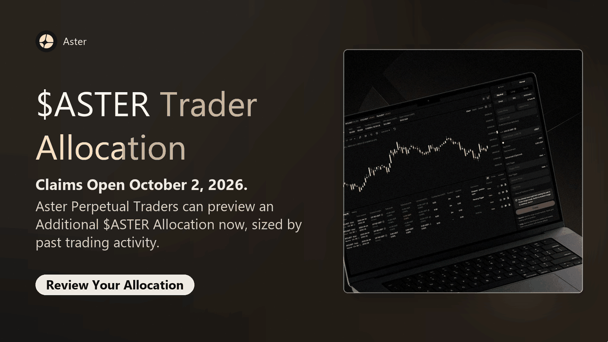 atser_updates's tweet photo. aster-2:native Trader Allocation previews are now open.

Aster Perpetual Traders may be eligible for an additional aster-2:native allocation based on their past trading activity. Claims are scheduled to open on October 2, 2026.
                                                                          
Check your allocation when you have a moment ↓
https://t.co/cTf9tAzJgn