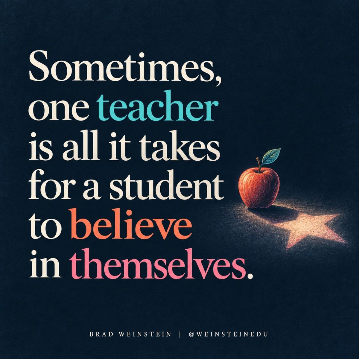 WeinsteinEdu's tweet photo. A student may hear the same doubt so many times that it starts to sound like truth.

“I’m just bad at math.”
“I’m not a reader.”
“I can’t do this.”

Then one teacher notices something different.

They point out the improvement nobody else mentioned. They hand the student another chance instead of another label. They keep expecting growth even when the student has stopped expecting it from themselves.

We don’t always know which conversation, comment, or quiet vote of confidence a student will carry with them.

Sometimes believing in a student comes first.

Their belief in themselves catches up later.