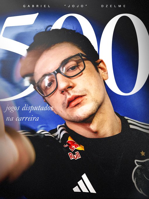 A poster celebrating Gabriel "Jojo" Dzelme's milestone of 500 games in his career, featuring a close-up portrait of him wearing glasses and a black jersey with a Red Bull patch, alongside the Portuguese phrase "jogos disputados na carreira" (games played in career) and the large number "500" in the background.