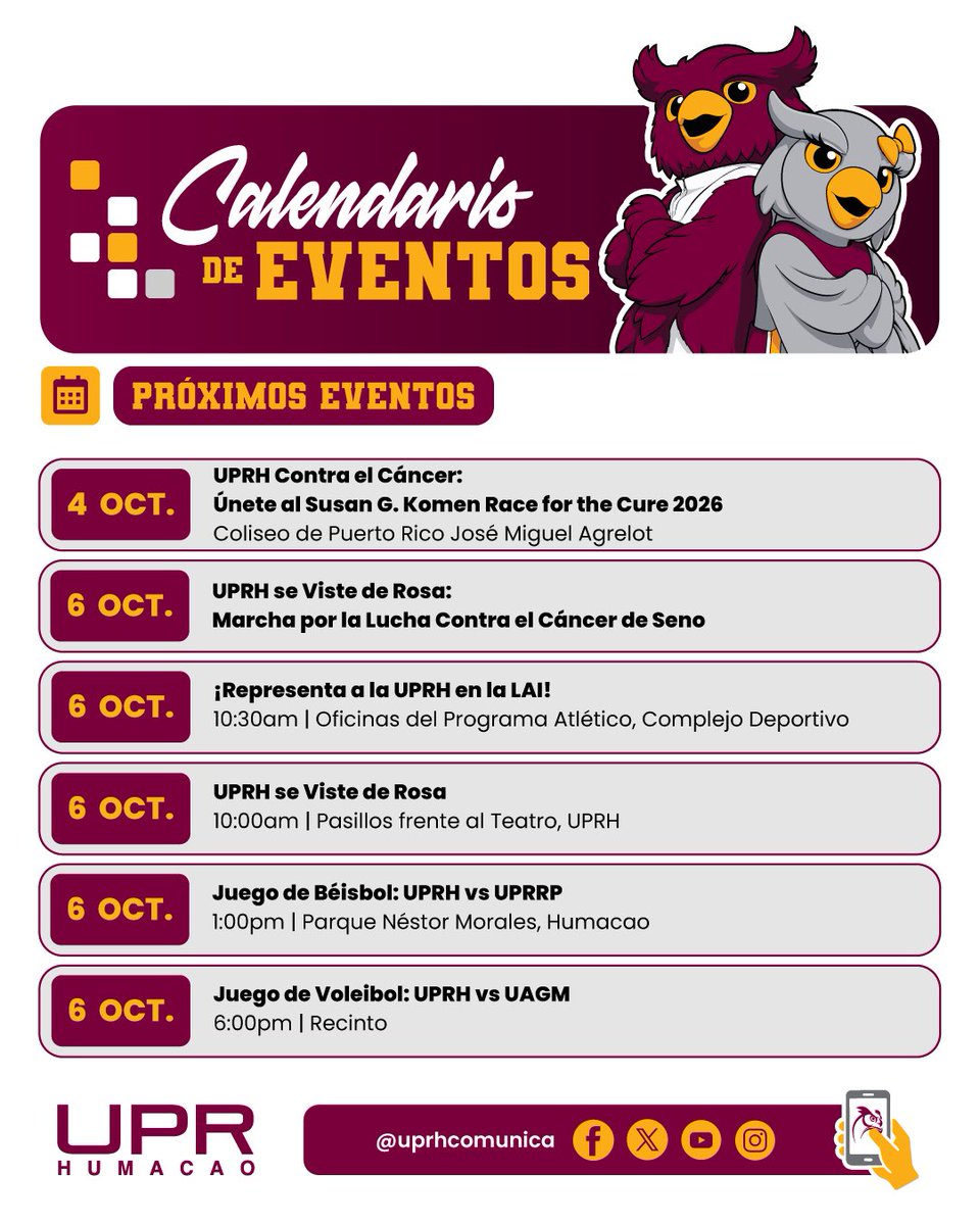 UPRHComunica's tweet photo. ¡Entérate de lo que pasa en la UPRH! 🦉
Consulta el calendario de eventos del 27 de septiembre al 3 de octubre de 2026 y conoce también las próximas actividades.
¡Separa las fechas y participa!
#UPRH #CalendarioUPRH #SiempreBúhos #SomosTuUniversidad @UPR_Oficial https://t.co/8CNimmdrml