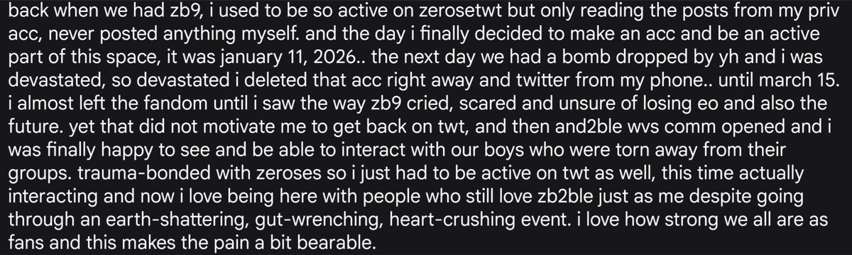 haobinging's tweet photo. when i say "i love being an n:rose", it's not only cuz of the groups i stan but also cuz of the pain &amp; excitement we share as a fandom that makes me feel less vulnerable. it's like i always have someone who'd feel the same way as me for zb2ble, be it sad or happy.

i love y'all♡ https://t.co/KTatIkgTHk