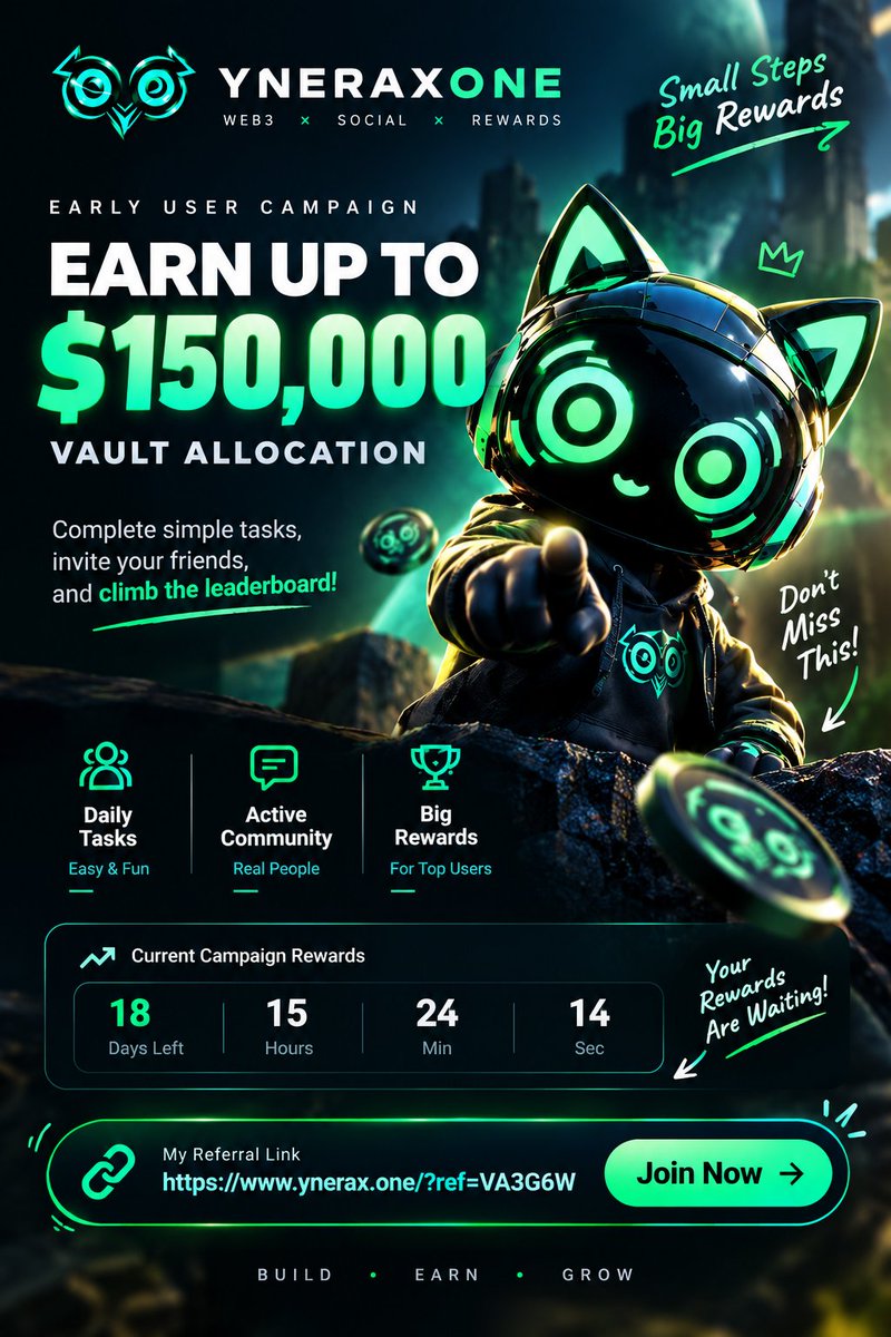ISadi8215487248's tweet photo. 🚀 Just discovered YNERAXONE!

A new Web3 early-user campaign with a $150,000 Vault Allocation 💰

Complete daily tasks, stay active, invite friends &amp; climb the leaderboard to unlock rewards. 🏆

🔗 Join here:
https://t.co/AbE2D9MX5w

#YNERAXONE #Web3 #Crypto #Airdrop #Rewards https://t.co/CGj8B5SO9F