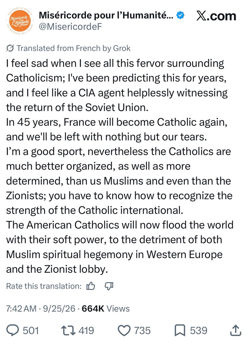 JackPosobiec's tweet photo. French Muslim association is saying that France is returning to Christ despite all their years of subversion https://t.co/I9fewWDipq