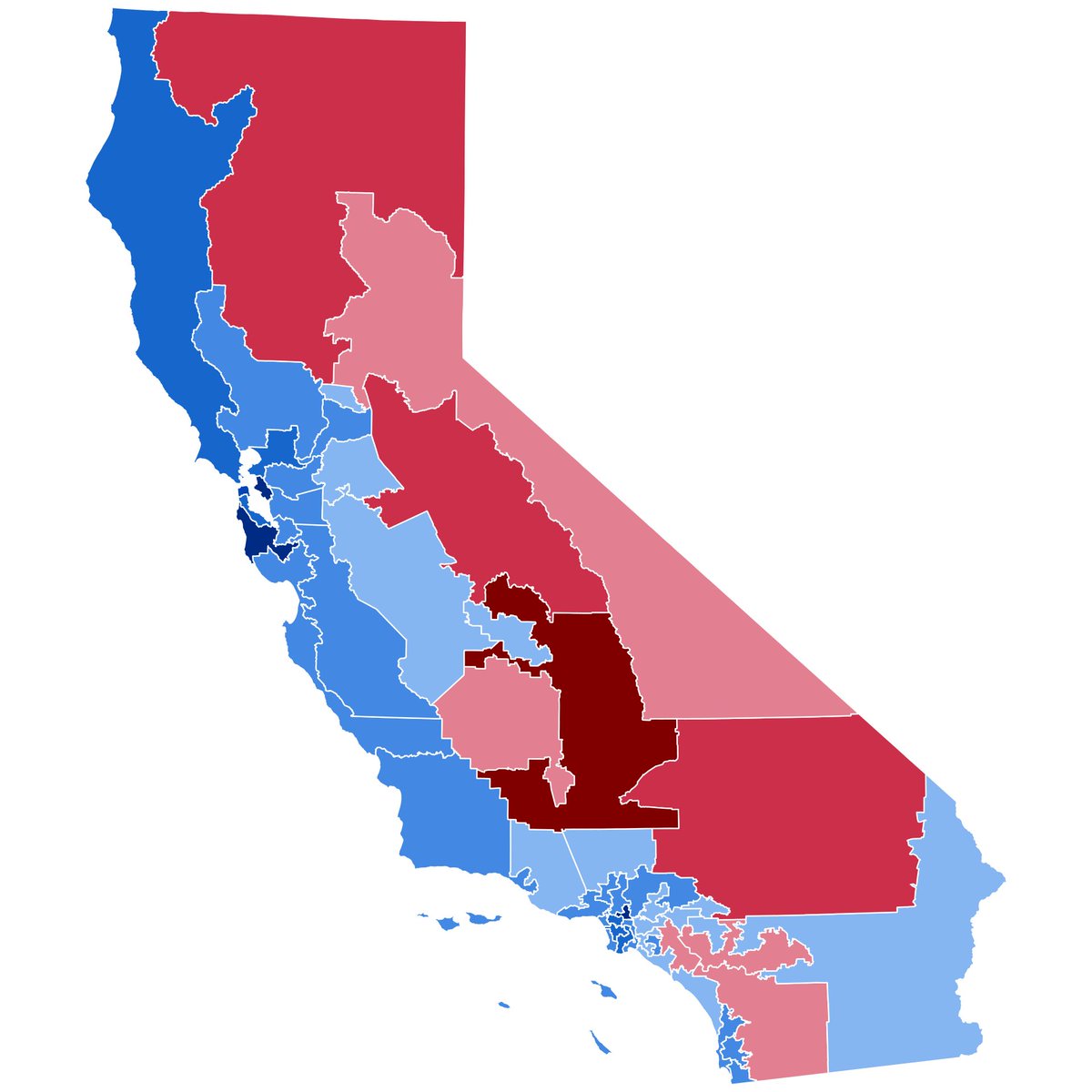 ChristianHeiens's tweet photo. What does "banning gerrymandering" look like? Who gets to declare what a gerrymander is? What mechanism allows us to determine whether a map is "fair"? 

California "banned gerrymandering" years ago and this was what they produced, a map where Republicans can win nearly 40% of the popular vote and win just 17% of the Congressional seats. 

Every single appeal from a Liberal for neutrality or de-escalation is a thinly veiled demand that we unilaterally disarm ourselves and let you win.

Republicans 30 years ago may have gotten on board with Democrats in banning gerrymandering, but not anymore because we now see you people for what you truly are.

Democrats are no longer a debating partner trying to push us towards a mutual shared goal that benefits us both. They are an enemy to be defeated by any institutional or legal tool possible.