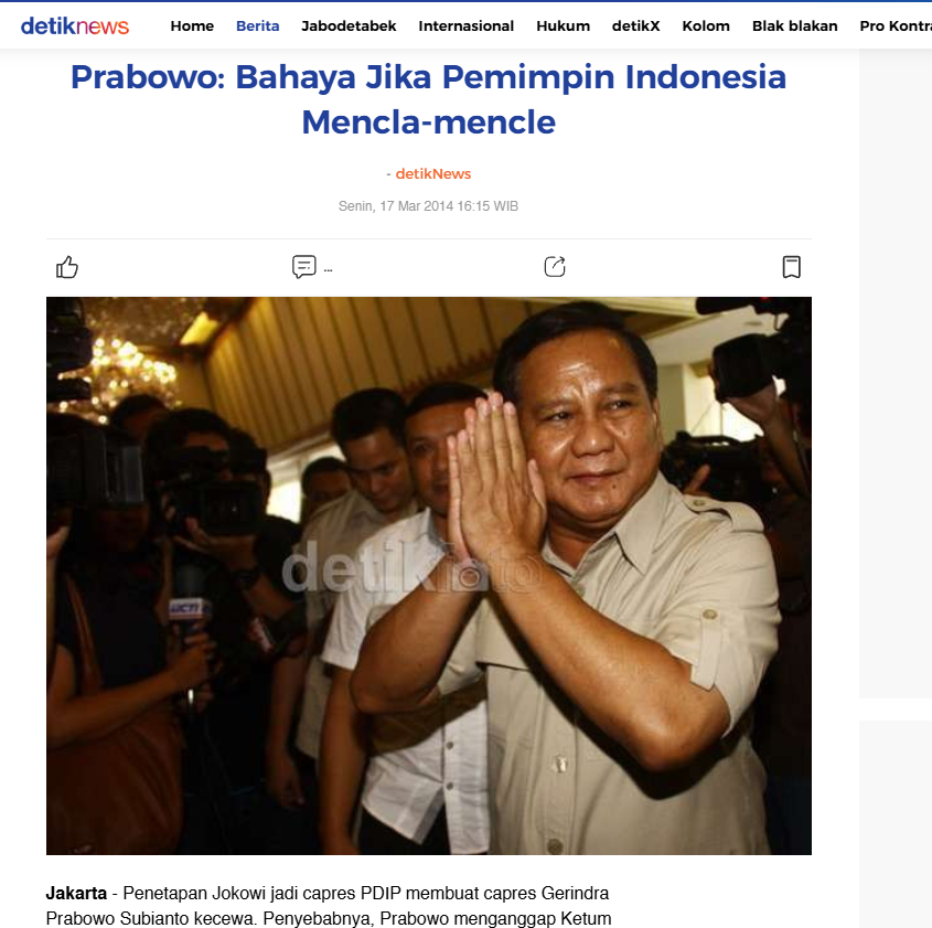 ardisatriawan's tweet photo. "Saya kira berbahaya pemimpin Indonesia yang mencla-mencle. Suatu hari bilang A, besok bilang B"

Prabowo, 2014. https://t.co/D8ZbFWzaL0