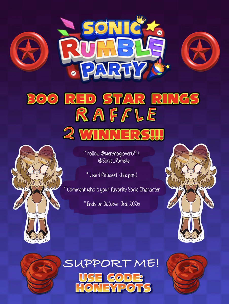 werehoglover69's tweet photo. Haii haii! We are hosting another raffle for the Werehog Release! All you have to do is:

♡ Like &amp; Retweet THIS post!
♡ Follow @Sonic_Rumble + @werehoglover69
♡ More info below!
◎ 2 WINNERS!!!

Ends on 10/03/2026

Code: honeypots

◇ #SonicRumble ◇ #SonicRumblePartner https://t.co/FG35peKBIw
