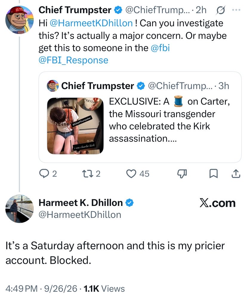 yzycel's tweet photo. Insane response from a Trump appointed DOJ official to a supporter bringing attention to a leftist glorifying the assassination of a key Trump ally. https://t.co/2zQKimQZQl