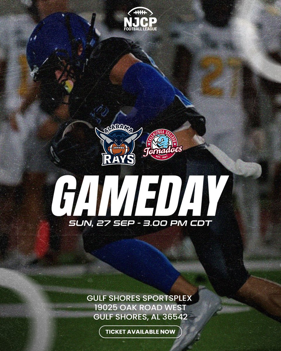 NJCP_Football's tweet photo. It's GAMEDAY! 🏈 
The Alabama Rays are taking on the Talladega College, Sunday, September 27th at 3:00 PM CDT. Join us at the Gulf Shores Sportsplex to catch all the action live. 

#NJCPFootball #AlabamaRays #TalladegaCollege #Gameday https://t.co/FLAeo73Mek