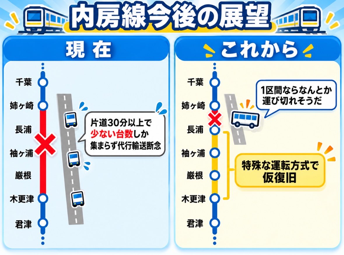 dig_kunita's tweet photo. 内房線、いつまともに代行輸送できるかということだが、個人的には長浦〜木更津が鉄路復旧できるタイミングだと思う

いまはバスの台数は一定いるが、キャパが足りないと言う問題なので不通区間が4駅間から1駅になるだけでもだいぶ状況が改善すると思う https://t.co/GYIMKxRRrQ