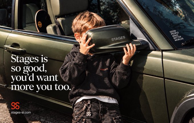 An advertisement for 'STAGES' shows a child in a black hoodie holding a side mirror of a car, with the text 'Stages is so good, you'd want more you too.' and 'stages-ai.com'.