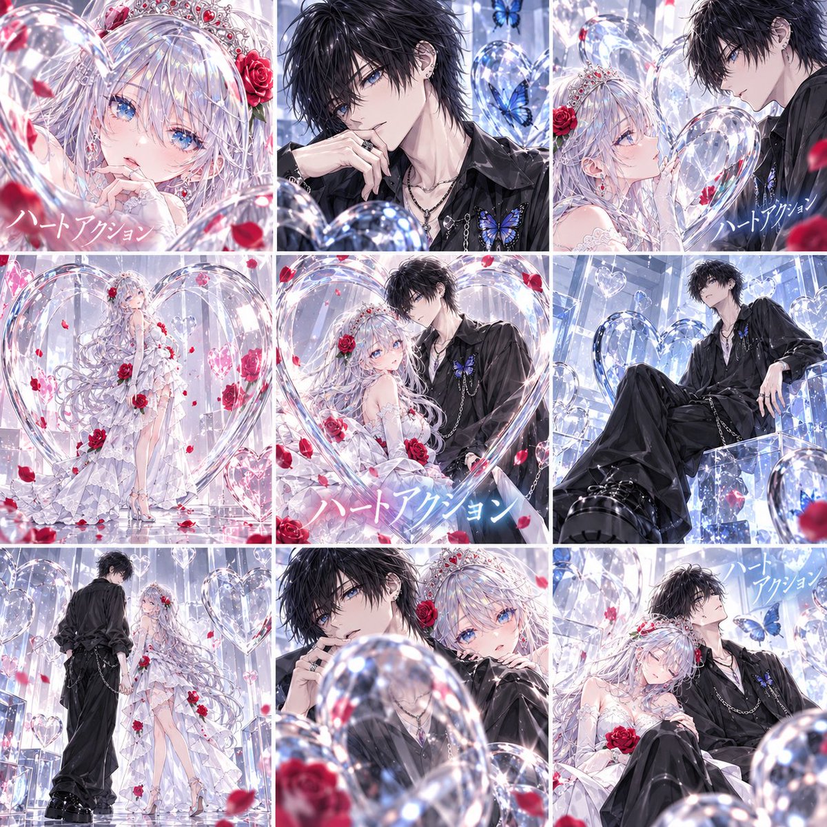 jilllu_nft's tweet photo. @taya_mama_AI た～やさんの配布プロンプトをお借りしました！

透明なハートに囲まれた
白亜とジルルで、ハートアクション ♡

ハート越しに見える表情や、
光が透けてキラキラする感じがすごく綺麗✨
いろんなポーズの2人が見られるのも楽しい☺️

また、イラストと実写画像とでは見え方が全然違うのも良きｖ

二度目の参加です！サブ垢キャラも入れてます。

#ハートアクション
