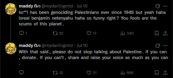 VendettaBoye's tweet photo. @mydarlingmizi Performative Islam hating or not. Shit won't save the Palestinians nor your depression. https://t.co/9aBJ7VMZq4