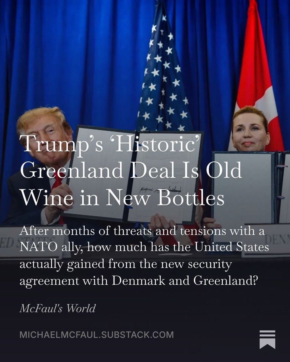 McFaul's tweet photo. Glad the Greenland deal was signed, if only to retire the crazy idea of the US annexing it.

But I fear that Trump/his supporters will take away the wrong lesson: that bullying works.

This could've been achieved through cooperation w/ a loyal democratic ally—without the threats. https://t.co/VOs8EkHSRB