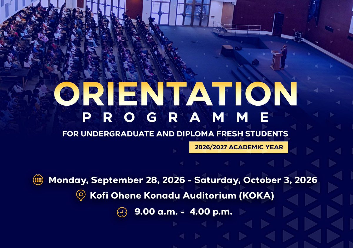 upsaccra's tweet photo. Welcome freshers to UPSA 2026/2027! Join Orientation Sept 28–Oct 3, 9am–4pm at KOKA. #UPSA #UPSAOrientation2026 #WelcomeToUPSA #UndergraduateOrientation #DiplomaFreshers https://t.co/qRFxRPOztj