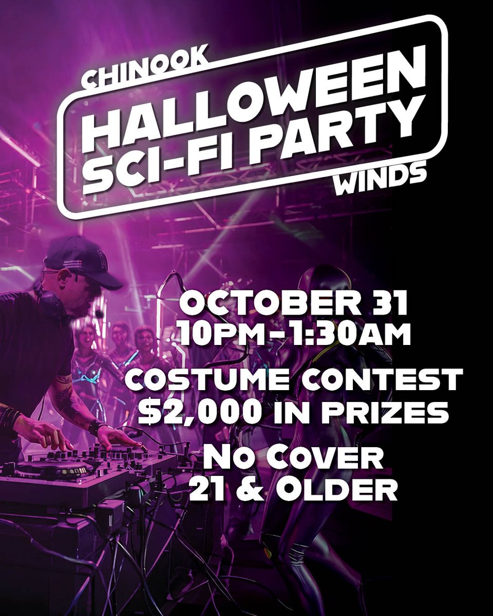 ChinookWinds's tweet photo. Halloween Sci-Fi Party
Time to figure out your costume and head on over to our Sci-Fi Halloween party inside the Casino Showroom. DJ Metal will spin the hits from 10pm to 1:30am. No Cover Charge, No Host Bar, 21 and older only!

https://t.co/HfLkafSLSQ https://t.co/oTRhRYUuMn