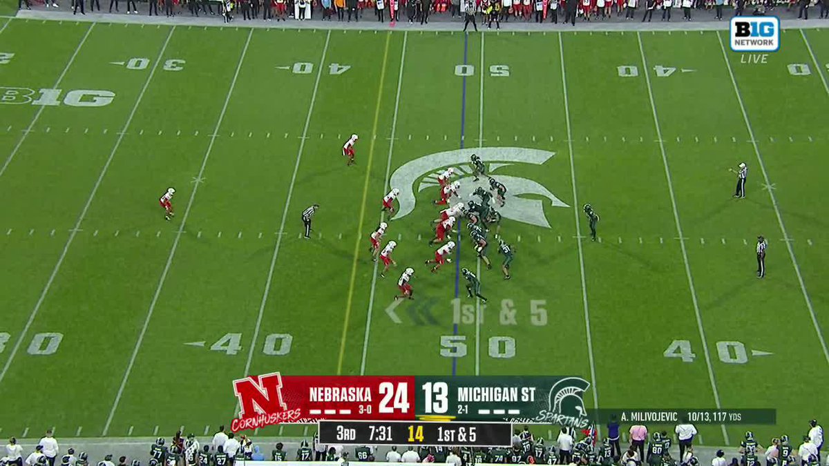 The image shows a Big Ten Network college football broadcast between Nebraska (24, in red) and Michigan State (13, in green) during the 3rd quarter at the 50-yard line, with Michigan State facing 1st & 5 down 11 points. The "DO IT YOURSELF, DJ" caption with @BigTenNetwork suggests this is from Big Ten Network's social media post featuring quarterback D.J. Milivojevic (A. Milivojevic) of Michigan State, likely in reference to a do-it-yourself play or moment during the game.