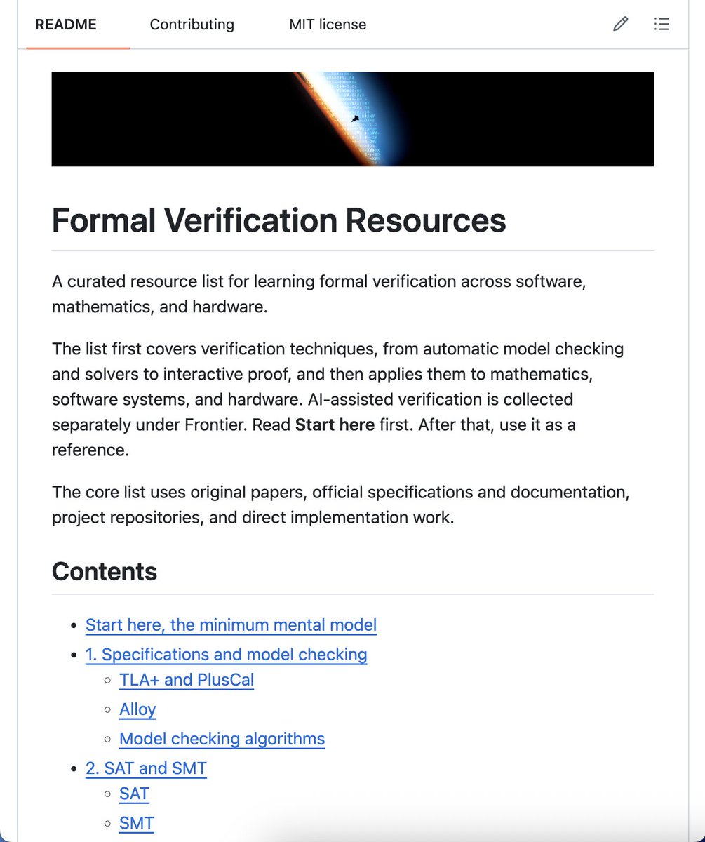 AstrioLabs's tweet photo. we just released a curated list for learning formal verification across software, hardware, and maths.

formal methods have traditionally had a high barrier to entry. AI-assisted verification is changing that.

we hope this makes the field more accessible.

link in thread 🧵 https://t.co/bktru1G3pw