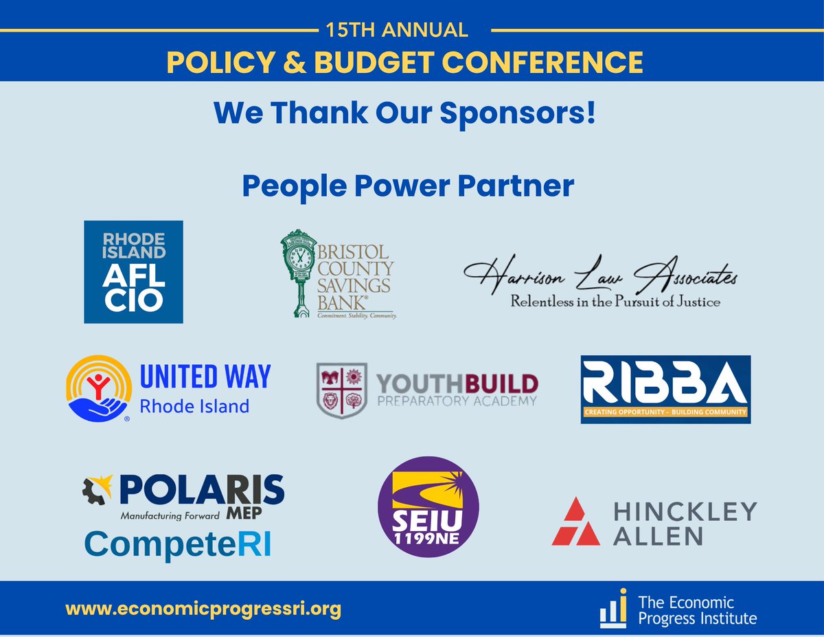 EconProgressRI's tweet photo. Thank you to our People Power Partners for supporting EPI’s 15th Annual Policy &amp; Budget Conference!
 
We appreciate your support and commitment to our work. https://t.co/c4ESunY1Bu