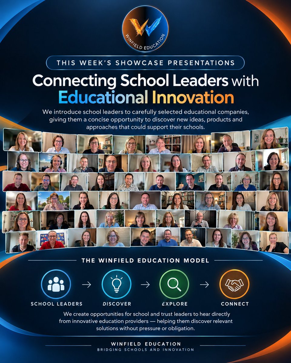 Winfield__Ed's tweet photo. 🚀 This week at Winfield Education, we’re bringing school leaders and educational innovators together. 

Our showcase presentations give carefully selected education providers the opportunity to introduce their products, ideas and approaches directly to school and trust leaders — in a concise, focused and pressure-free setting.

We believe meaningful connections can lead to better conversations, new ideas and exciting opportunities for schools.

School Leaders → Discover → Explore → Connect
That’s the Winfield Education model. 

#WinfieldEducation #EducationInnovation #SchoolLeadership #EdTech #Education #SchoolLeaders #EducationalTechnology #EdTechUK #MATs #EducationLeaders