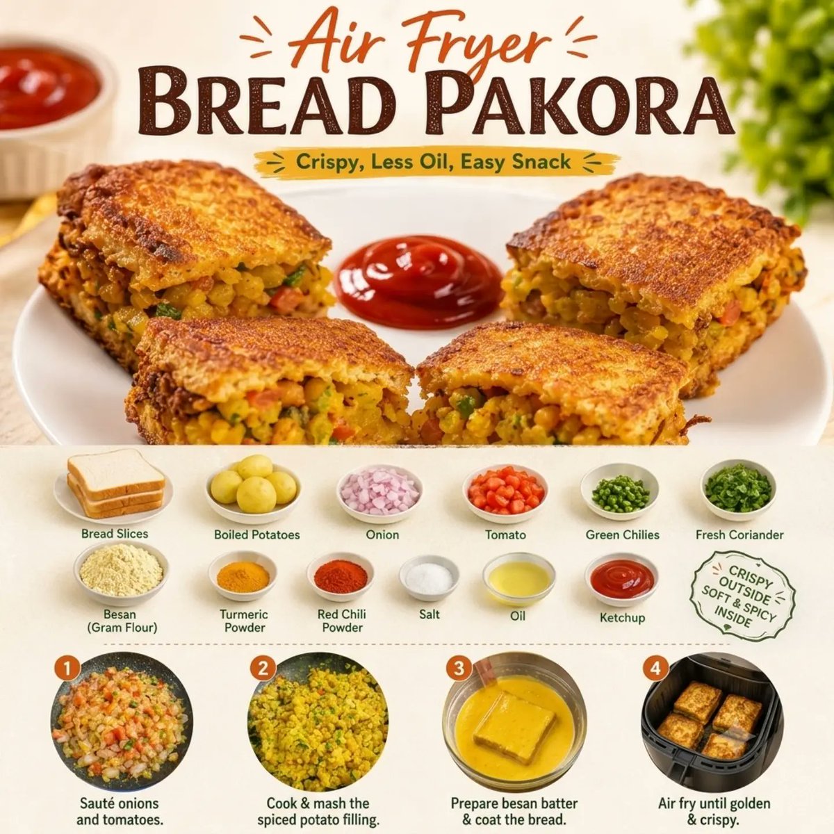 MarybethBexq's tweet photo. Craving street-style bread pakoras without the deep-fried guilt? Crispy outside, spiced and soft inside, these air-fryer bread pakoras deliver classic crunch with far less oil. Stuffed with seasoned potato and vegetables, they��re perfect with https://t.co/XBOWjkjheI