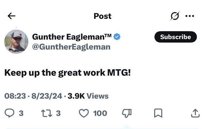Twitter/X post by verified user Gunther Eagleman (@GuntherEagleman) reading 'Keep up the great work MTG!' with 3.9K views.