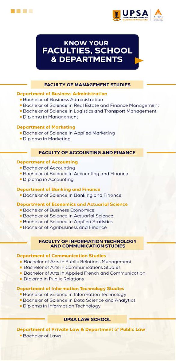 upsaccra's tweet photo. Welcome to UPSA! Explore all Faculties, Schools & Departments to navigate your academic journey. Identify your department & join orientation! #UPSA #KnowYourFaculty #ScholarsWithIntegrity #CampusLifeUPSA #UPSADepartments #UPSAFreshers https://t.co/wkk6d7poe7