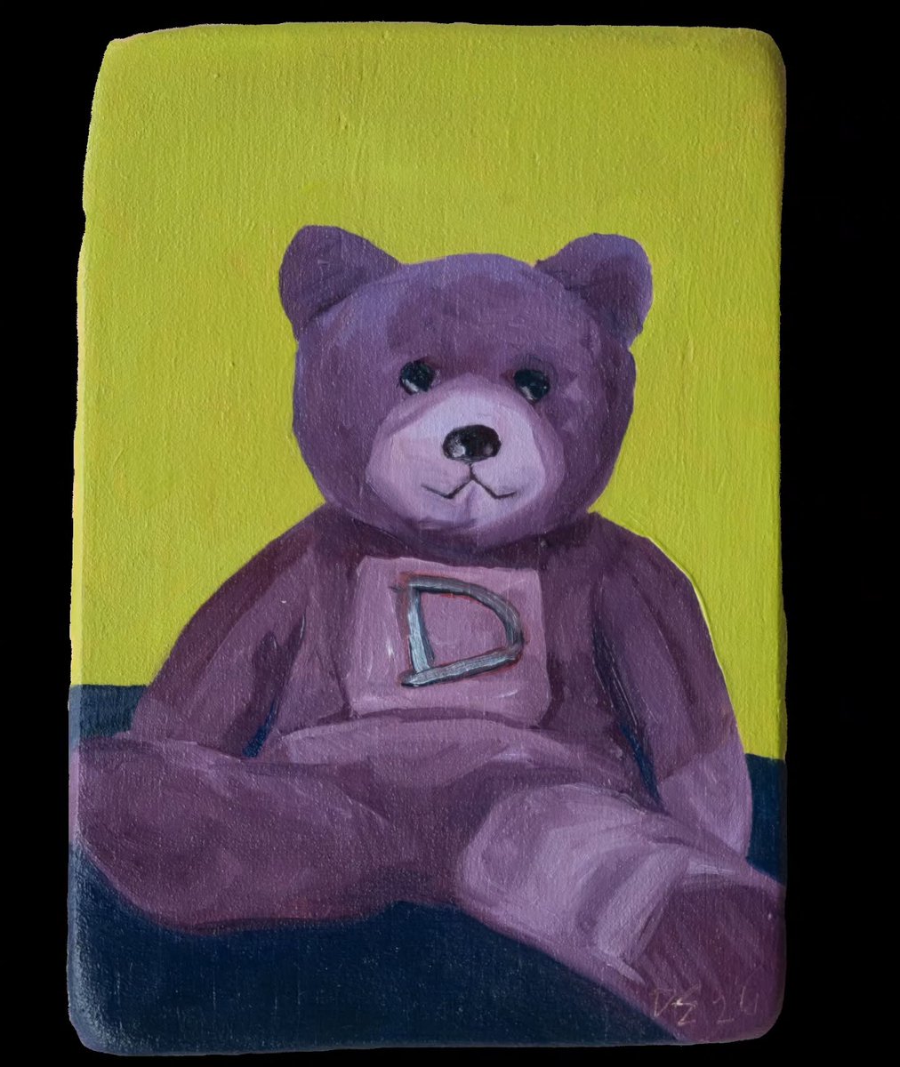 RaeAgebcry's tweet photo. Who else grew up with one of these teddies? Purple bear (SOLD). Oil on board, 2026. https://t.co/gMlKUCLQrK