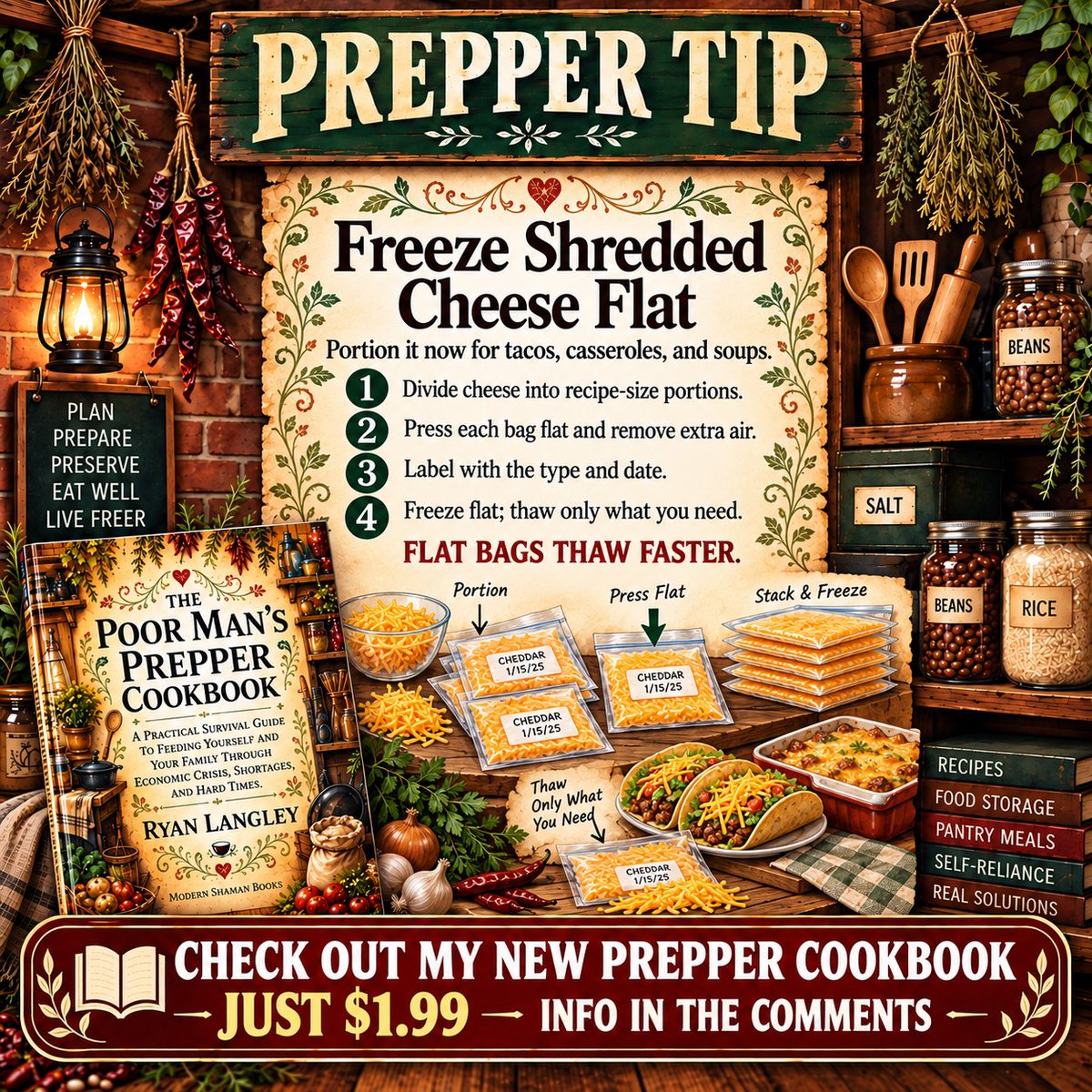 ModernShamanX's tweet photo. #PrepperTip ๐ง Freeze shredded cheese flat in a bag โ๏ธ Breaks apart easy so you grab just what you need ๐ Melts perfect on anything ๐
My new 181 page prepper cookbook is just $1.99 ๐
https://t.co/zRXCeib5Tj
#Prepper #Survival https://t.co/9CLirFEuii