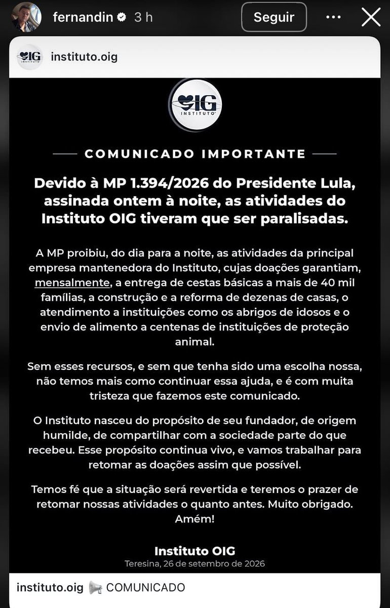 andremouraeu's tweet photo. O empresário BILIONARiO Fernandin OIG anunciou que sua ONG não fará mais doações às famílias carentes por causa do fim das bets. https://t.co/j7d204aiUf