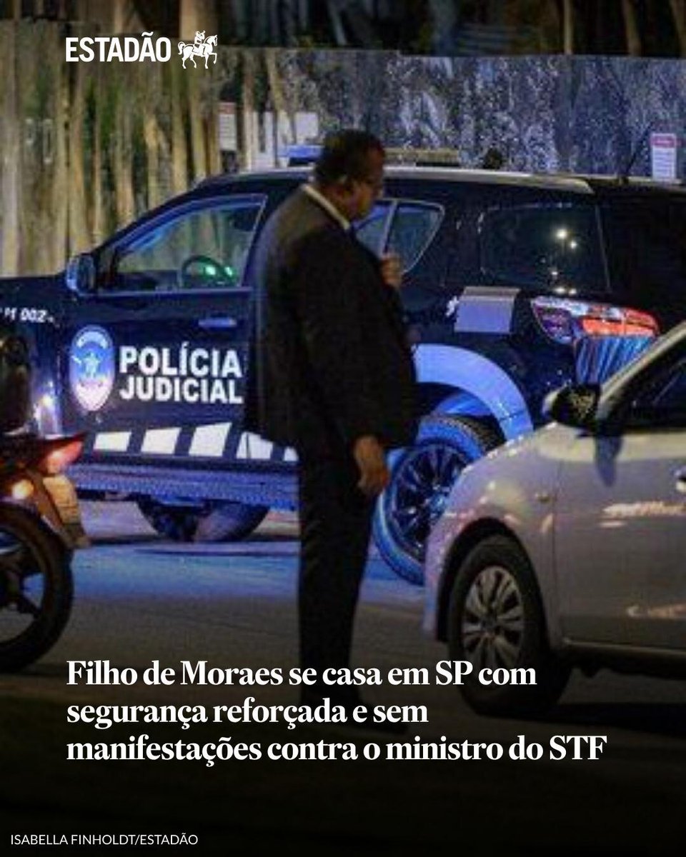 Estadao's tweet photo. Filho de Moraes se casa em SP com segurança reforçada e sem manifestações contra o ministro do STF | Primeiros convidados começaram a chegar por volta das 15h; imprensa e população geral não conseguiram se aproximar a menos de 200 metros do espaço de ... https://t.co/AoqDOTx4PB https://t.co/Gn1YpvFNzr