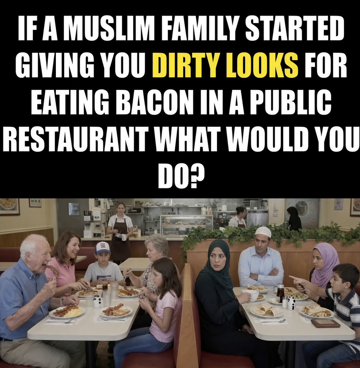 its_The_Dr's tweet photo. You don’t want to Offend a Muslim family right? So would you apologize and throw your Bacon 🥓 away? https://t.co/D75wqcS2kC