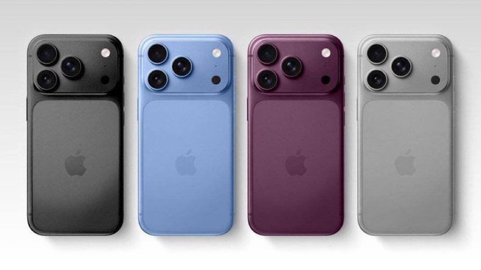 Four Apple iPhones shown from the back in different colors: black, blue, purple/burgundy, and silver/white, displayed against a light gray background.