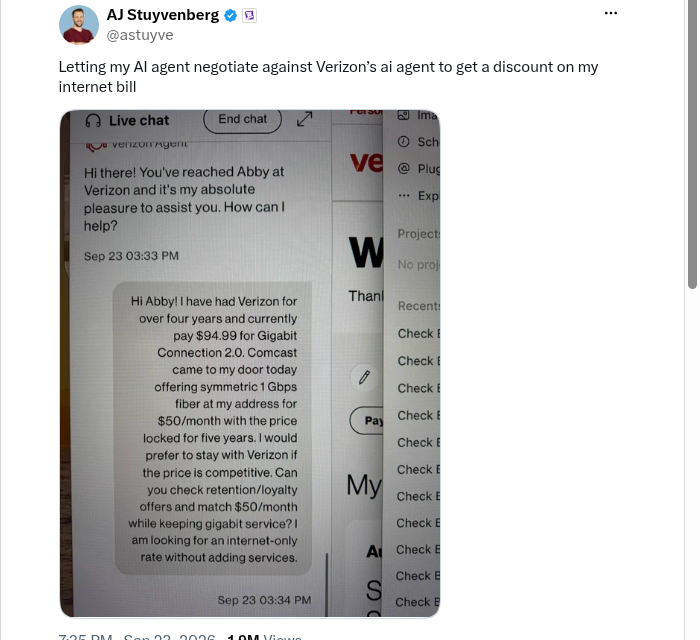 alexcarterbuild's tweet photo. A guy let his ChatGPT agent negotiate his Verizon bill against Verizon's own AI agent.

Over an hour of back-and-forth, his agent even pulled live prices off Verizon's own homepage as leverage, and landed the bill at $47.49, down from $94.99.

The part nobody's saying out loud: that's the same discount a human gets by just saying "I'm switching to Comcast." We didn't automate negotiation. We automated the wait.

(real screenshots via @astuyve)