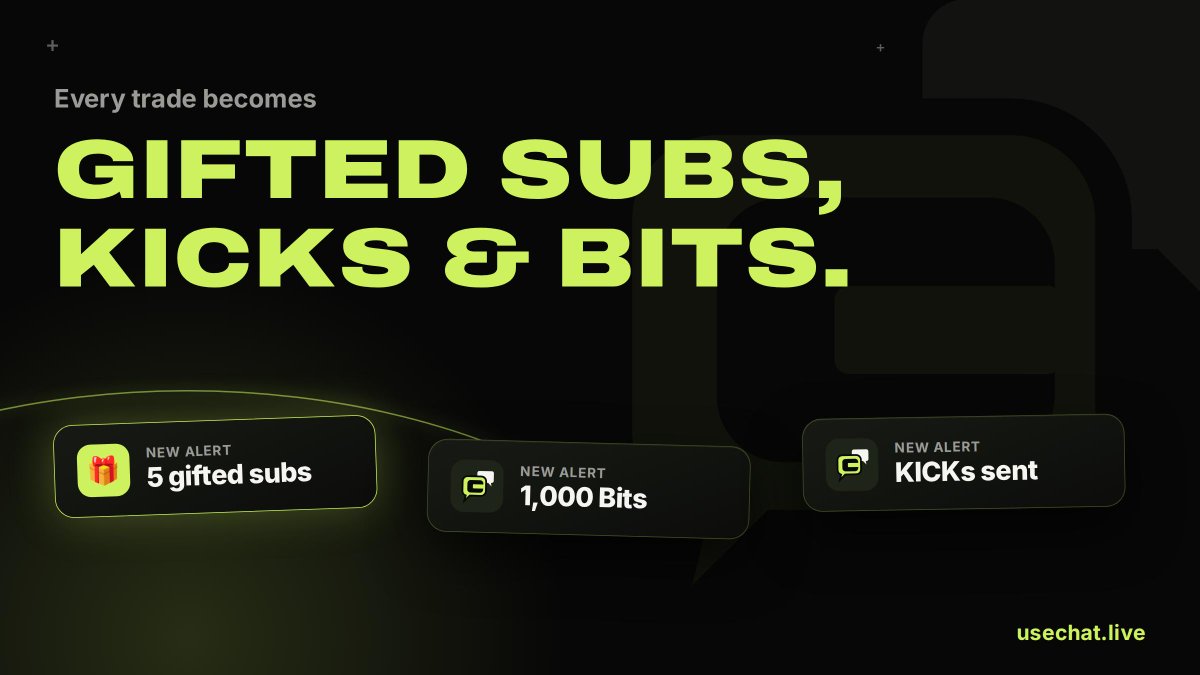 usechatlive's tweet photo. imagine your favourite streamer's alerts going off because someone launched a coin for them

every trade → gifted subs, KICKs and bits

that's $CHAT https://t.co/jA5HkdD88m