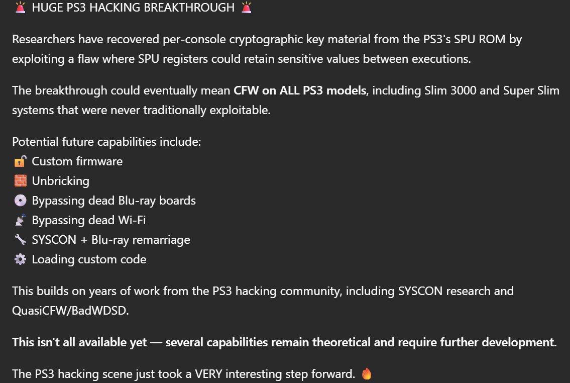soflysojoe's tweet photo. 🚨 PS3 HACKING BREAKTHROUGH!

Researchers recovered per-console key material from the SPU ROM, potentially paving the way for CFW on ALL PS3 models, including Slim 3000 &amp; Super Slim.

🔥 Unbrick, Blu-ray/Wi-Fi bypasses &amp; more could follow.

https://t.co/qxE2aBJWuE https://t.co/YRthOk0pBM