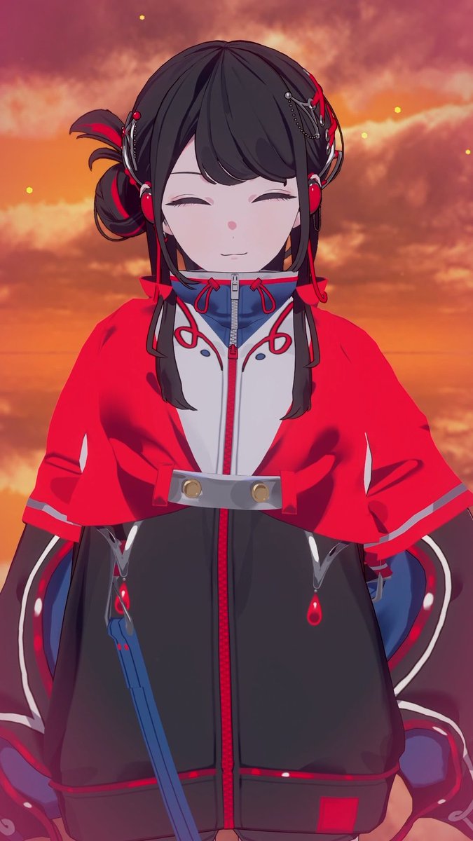 An anime-style illustration of a girl with black hair in twin buns, wearing a futuristic red and black jacket with intricate details, smiling against a fiery orange sky.