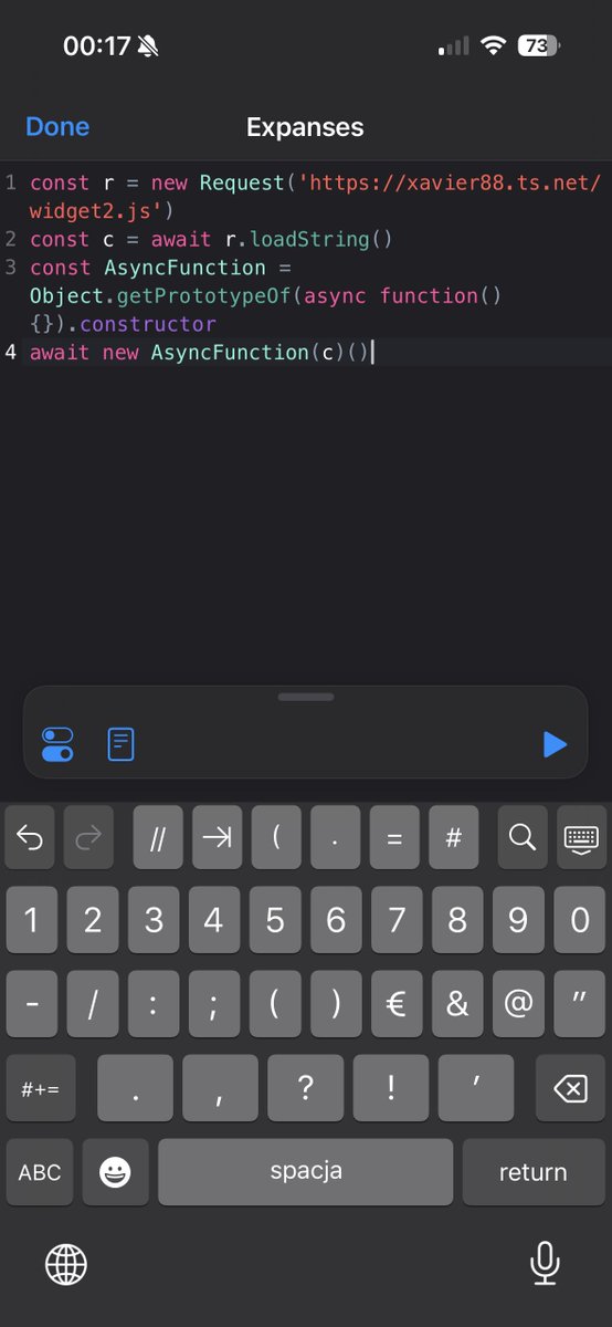 blyzbyte's tweet photo. The widget itself is built with Scriptable. Its code is dead simple - it just fetches the script from nginx and runs it (you can basically write code for the widget).

Want a change? I tell OpenClaw - "show my total net worth on the widget" - it updates the script on the server, and my home screen widget updates on the next refresh.

No redeploy, no App Store.