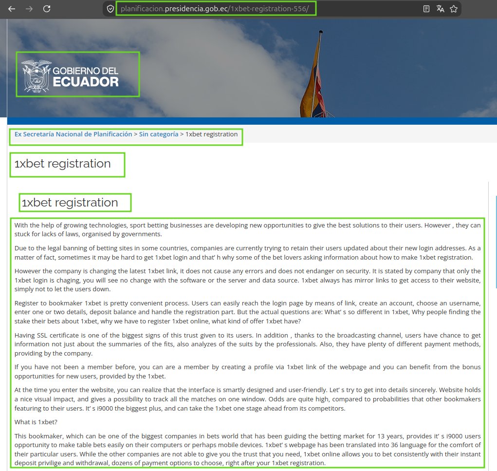 rocurun's tweet photo. 🚨️ Alerta se detecta Dominio .gob.ec infectado #Ecuador #BlackHatSEO @Telecom_Ec @EcuCERT_EC @usuariosdigital
- planificacion.presidencia.gob{.}ec
https://t.co/df24Fjsy1R
Impacto:
- Daño reputacional a las entidades públicas afectadas
- Posible robo de datos a ciudadanos redirigidos
- Posicionamiento de sitios fraudulentos usando la autoridad del dominio .gob.ec
Acción:
- Revisar y limpiar el contenido inyectado.
- Actualizar CMS y plugins a la última versión
- Considerar auditoría de seguridad completa
Reportado vía GobScan — investigación de seguridad responsable