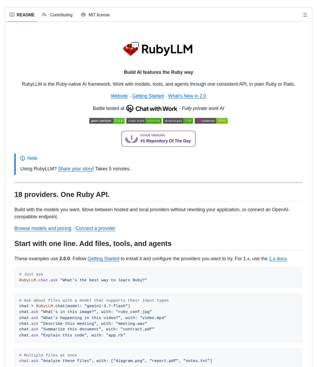 RubyLLM README screenshot emphasizing one Ruby API across many model providers