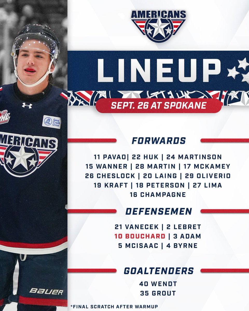 TCAmericans's tweet photo. Owen Kraft makes his WHL debut tonight in Spokane! Puck drop scheduled for roughly 6:20 due to pre-game ceremonies. 
WATCH » https://t.co/JNGK7XFlss https://t.co/yCyVAXqgri