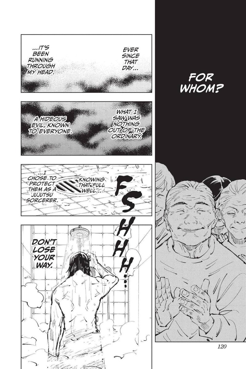 pink_sanguini's tweet photo. It really is important to note the specific order in which information is conveyed by the narrative.
Previously I highlighted how Geto began calling non-sorcerers "monkeys" BEFORE finding out that they are the source of curses, and before Haibara's death and Geto's mission to Mimiko and Nanako's village.
Look now at how "Satoru became "the strongest" PRECEDES Geto fixating on the grind of exorcism, asking for whom he is putting himself through this. Geto had always known of humanity's ugliness—that didn't stop him from doing his duty until now. What changed?
I believe that if it were primarily his attachment to Riko, she would have appeared in his memory. Instead, it is the cultists who appear. And again, before that, Geto is ruminating on Gojo surpassing him.
My interpretation is that Geto was previously motivated to do his duty by his own status as one of "the strongest". Protecting the ugly and weak was tolerable because it was proof he was strong. But he is no longer "the strongest", so the ugly and the weak are reduced to "monkeys".
