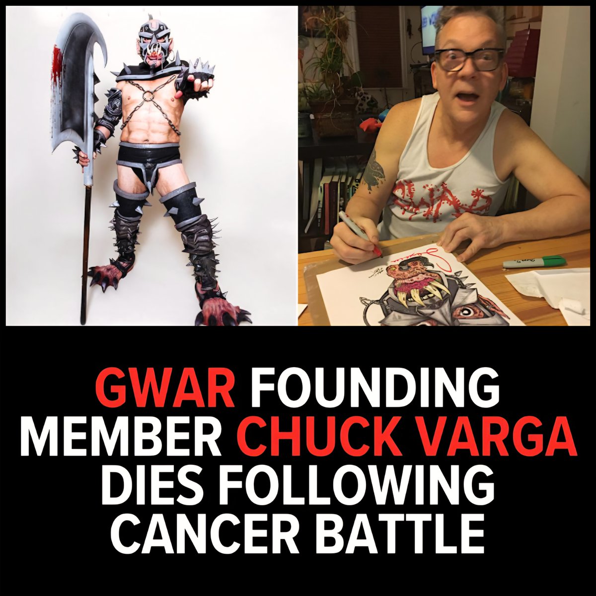 PunkRockTours's tweet photo. @PunkRockTours is saddened to hear that Chuck Varga Original #GWAR Member has passed away after batting cancer.
#ChuckVarga #RIPChuckVarga #Sexecutioner #PunkRockTours https://t.co/IblthH2YM7