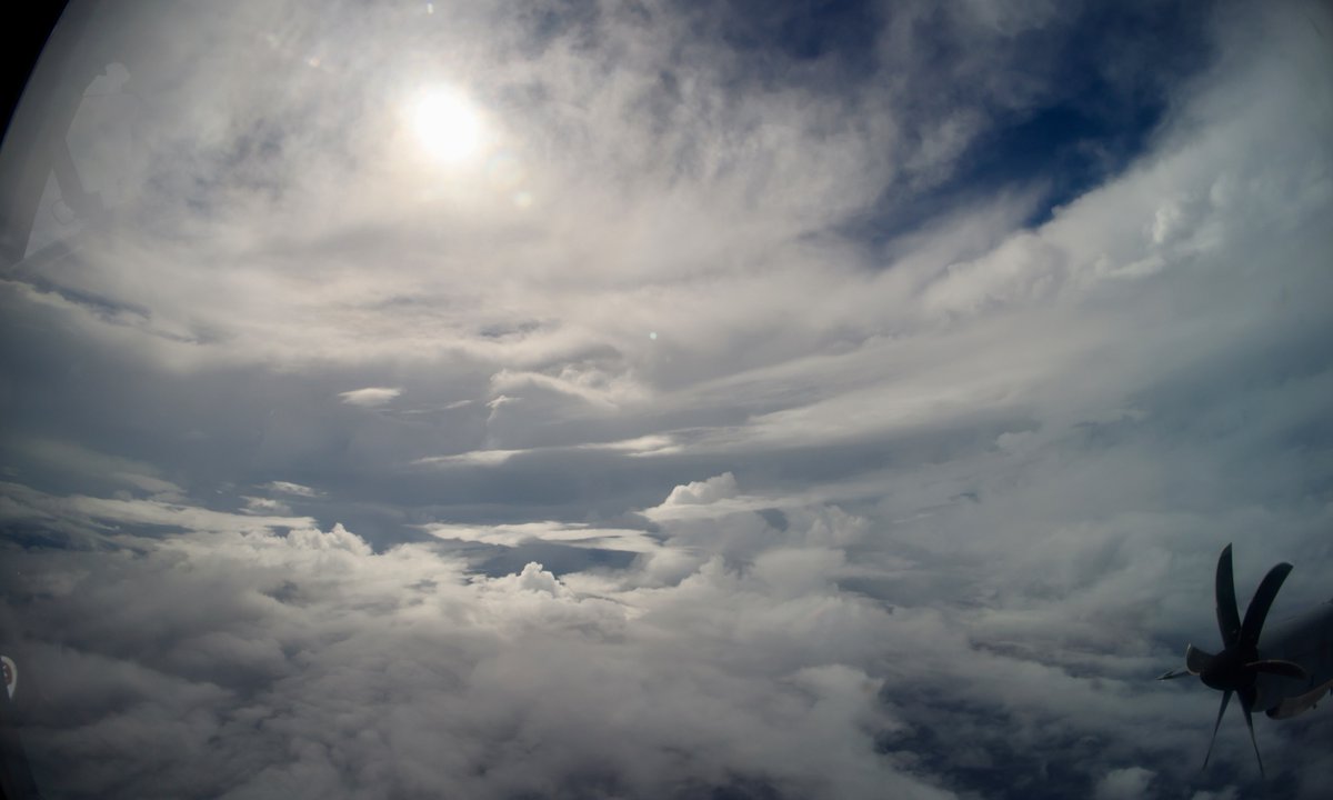 FlynonymousWX's tweet photo. This was about as good as Hurricane Nolo looked today… for a few hours this morning it had a fully enclosed eye but by our last pass it the entire north side was open.  The latest forecast from NHC still has it becoming a major but going further west and away from the islands. https://t.co/WNqSh5OLXW