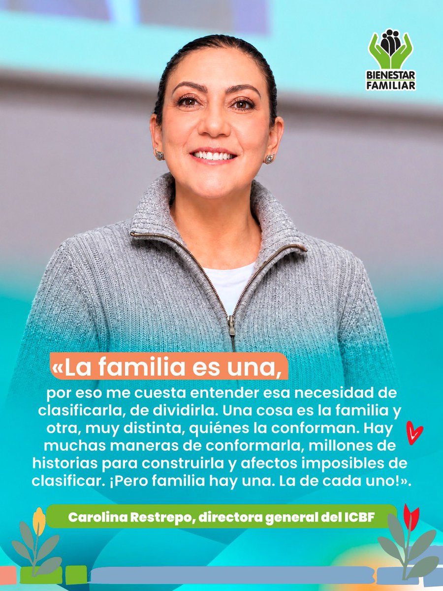 ICBFColombia's tweet photo. Puede estar integrada de distintas maneras y tener millones de historias detrás. Pero hay algo que permanece: #FamiliaEs una, la de cada uno.

Una familia se construye desde el cuidado, la protección, los vínculos y el amor. Cuéntanos cómo es la tuya. 👇 https://t.co/lghJORwQwE