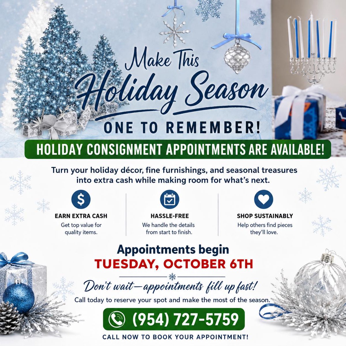 EliciaNass's tweet photo. Turn holiday décor, entertaining pieces, furniture, and seasonal treasures into extra cash while making room for something new. Holiday consignment appointments begin October 6. Call (954) 727-5759 to reserve your spot. https://t.co/bjCztNycLN