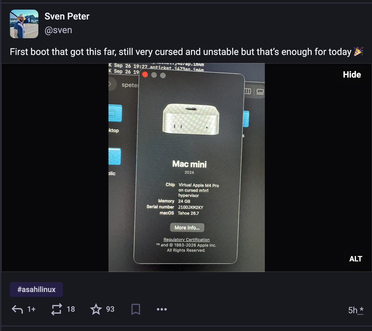 rish3636's tweet photo. @brentkearney @OmarchyMac @dhh @OmarchyLinux With macOS running on the hypervisor means they can inspect all the commands macOS sends to the hardware, this means full Linux support is just a matter of time now https://t.co/Bixhs7MAtw
