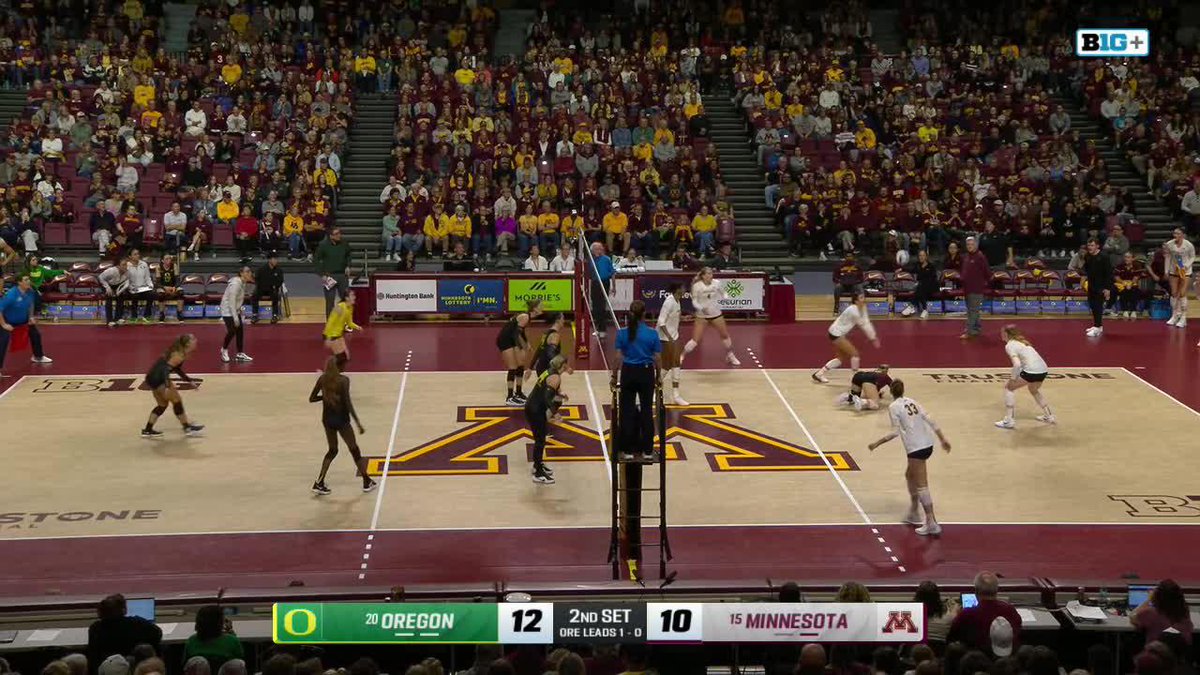 A women's collegiate volleyball match between #20 Oregon and #15 Minnesota is underway, with the score showing Oregon leading 12-10 in the 2nd set as players on both sides of the court prepare for the next play on the court featuring the Minnesota "M" logo. The packed arena in maroon and gold captures the intense Big Ten atmosphere highlighted by the "B1G+" broadcast watermark.