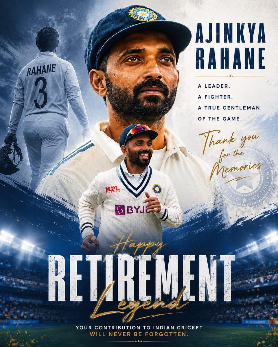 PrestonDevgek's tweet photo. Farewell to a true gentleman of Indian cricket. From calm leadership to unforgettable match-winning performances, Ajinkya Rahane inspired millions with his dedication, resilience, and sportsmanship. Thank you for the memories and pride. Wishing you https://t.co/qnPPbgeUZK